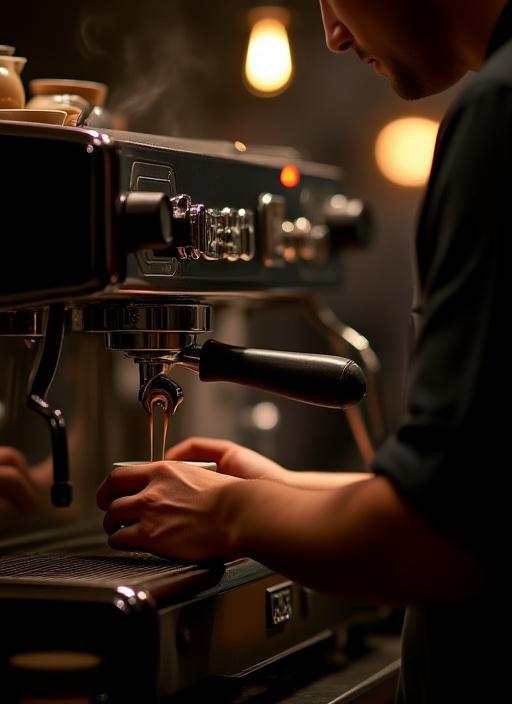 Barista som lager en espresso med en profesjonell kaffemaskin.