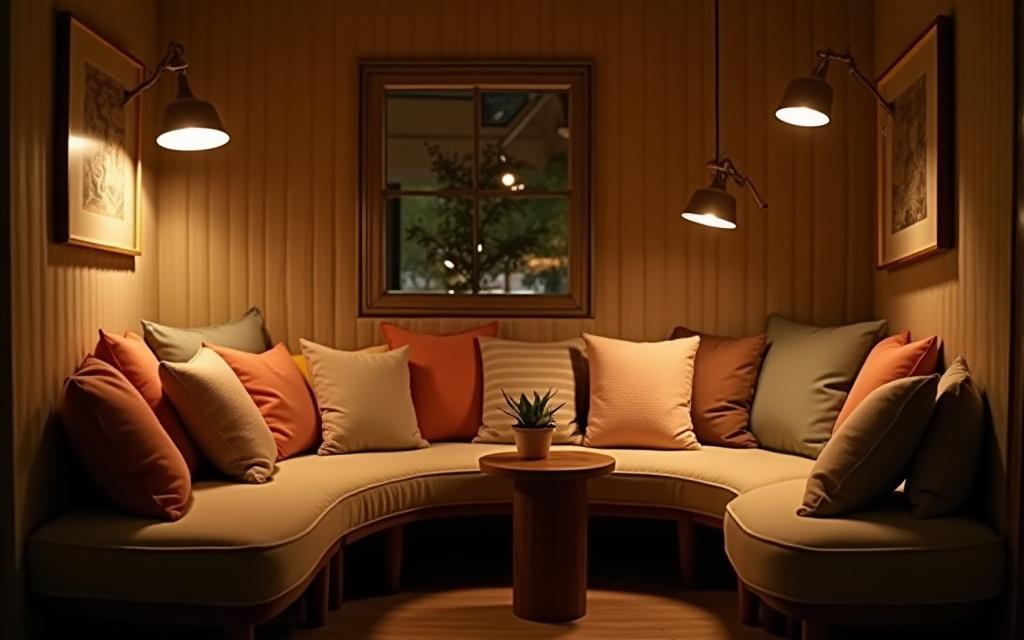 Koselig sittegruppe med puter og varm belysning i kafeen.