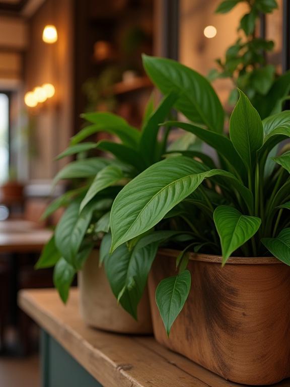 Et nærbilde av en unik interiørdetalj på kafeen, som viser treverk og planter.